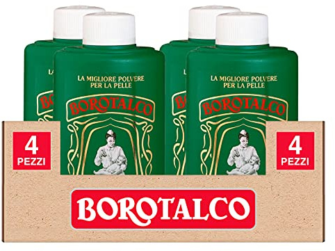 4 x Borotalco Mehrzweck-Pulver, super saugfähig und erfrischend, auch für empfindliche Haut – 4 Flaschen zu je 200 g