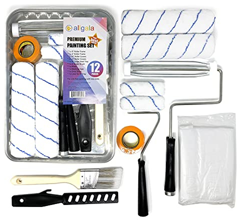 Allgala Paint Roller Kit 12-Piece Premium with Roller Frames, Covers, Steel Tray, Brush, Mixer, Masking Tape etc - TH10302