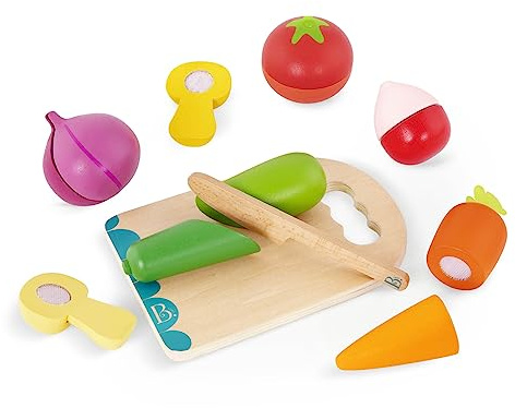 B. toys Chop 'n' Play Gemüse, Holzspielzeug zum Schneiden | Holz-Spiellebensmittel-Set mit 6 schneidbaren Gemüsesorten, sicherem Messer und Schneidebrett für Rollenspiel, 2+ Jahre
