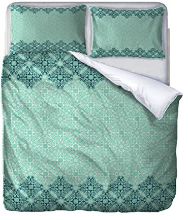 Bedding Set Double Duvet Set Green Carving Art 3 Pieces Printed Pattern With 2 Pillowcases 50X75Cm, Soft Hypoallergenic Microfiber Quilt Cover 200X200Cm, With Zipper