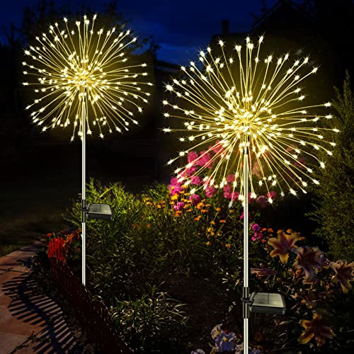 Liyade 2 Pezzi Luci Solari Esterno,120 LED Luci Solari Giardino Esterno, Solare Fuochi D'artificio,Luce Solare Led Esterno per il Patio Giardino, Balcone, IP65 Impermeabile (Bianco Caldo)