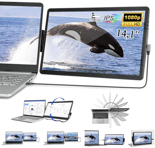 Chiusuet Laptop Screen Extender, 14.1 Full HD IPS Portable Monitor for Laptop Monitor Extender Compatible with Mac, PC, Chrome & Windows, Mini HDMI Plug and Play