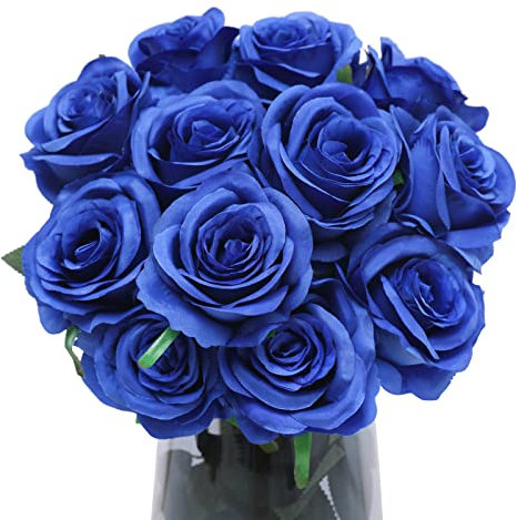 Floralsecret Künstliche Rosen, Seidenblumen, Blumenstrauß, einzelner Stiel mit langem Stiel für Zuhause, Hochzeit, Party, Garten, Dekoration, Blau, 12 Stück