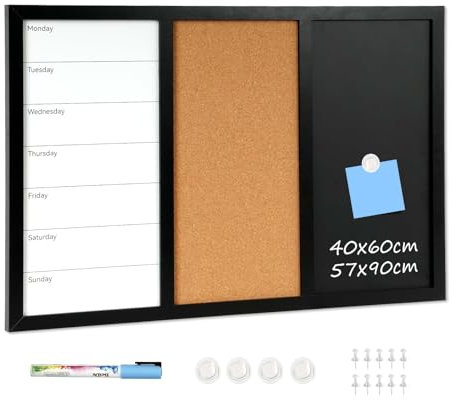 DOLLAR BOSS Magnettafel küche 3 in 1 pinnwand magnetisch 50×70cm magnettafel schwarz kreidetafel memoboard whiteboard korkwand wandtafel kombitafel wochenplaner magnet tafel