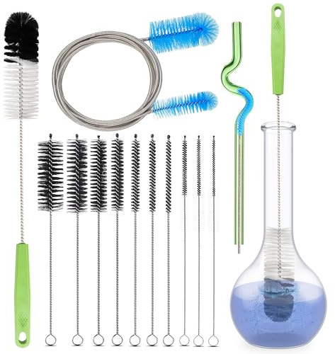Set of 12 Tube Pipe Cleaners Kit - for Cleaning Narrow Neck Bottle, Curved Glass Tube, Hard-to-Reach Crevices,17” Long Handle Brush,8.2” Multi-Diameters Brushes,35” Flexible Dual-Head Cleaner