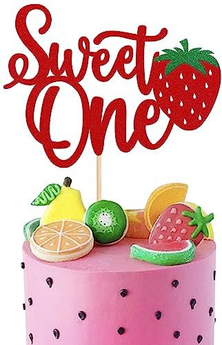 SYKYCTCY 1 Pack Sweet One Cupcake Topper Glitter First Birthday Strawberry Cake Pick for Fruit Baby Shower 1st Birthday Berry Sweet Cake Decorations Party Supplies