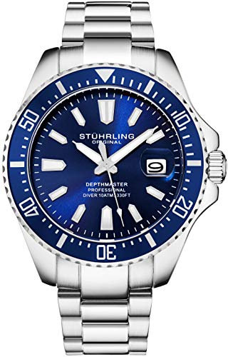 Stuhrling Original Herren Taucheruhr 42mm Edelstahl Blaues Zifferblatt, Edelstahl Armband, Wasserdicht bis 100 Meter