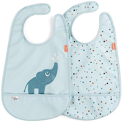 Done by Deer Elphee - Bavaglini blu con chiusura in velcro, confezione da 2 bavaglini impermeabili con tasca raccogli alimenti, morbidi e resistenti, 100% poliestere con rivestimento in PU, facili da