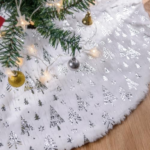 Lanpn 90cm Christmas Tree Skirt, Large Plush Patchwork Silver Faux Fur Xmas Tree Skirts 36 inch Tree Mat Base Cover for Winter Christmas Holiday Indoor Decorations (Silver, Christmas tree)