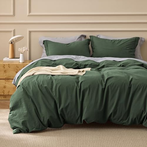 Bedsure 100% Washed Cotton Duvet Cover King Size - Olive Green Minimalist Cotton Duvet Cover Linen Like for All Seasons - GentleSoft™ Plain Simple Bedding (Olive Green, King, 104x90)