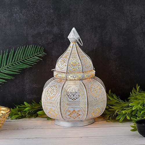 Marrakech - Lámpara de mesa y farol (metal, 30 cm), color blanco