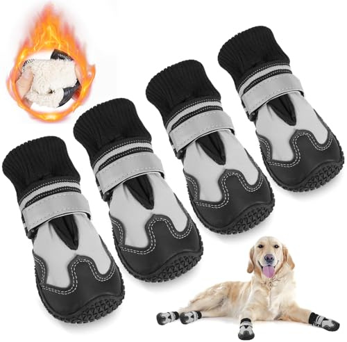Eyein Hundeschuhe Pfotenschutz Winter, 4 Stück Wasserabweisend Windschutz Hundeschuhe mit warmem Fleece und hohem Design, Reflektierende und rutschfeste Hunde Schuhe Outdoor, (Größe 1, Weiße Nähte)