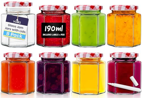 volila Jam Jars with Lids 190ml – 8 Pack Hexagonal Small Jars with Red Gingham Screw Top Lids – Airtight Glass Jars with Lids for Homemade Jam, Marmalade, and Chutney - Glass Jars with Lids