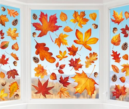 Whaline 9 Sheet Fall Window Clings Watercolor Orange-Brown Maple Leaves Pine Cone Acorn Double-Sided Reusable Windows Decals for Autumn Thanksgiving Halloween Home Windows Glass Holiday Decor