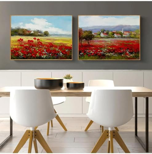 NXMYDBD Drucken Sie abstrakte wilde rote Blumenlandschaftsmalerei auf Leinwand, modernes pastorales Poster, Kunstwandbild für Wohnzimmerdekoration, 60x80cm (24x31 Zoll) x2, ungerahmt