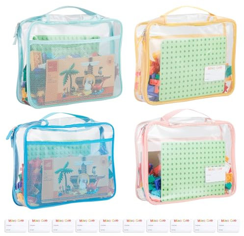 Large 4-Pack PVC Toy Storage Bags（Name Tag, 10 Memo Cards), Large 13.8 x 3.2 x 10 Clear Double Zipper Organizing Bags with Handle, Colored Blocks Board game Storage Organizer Case for Playroom