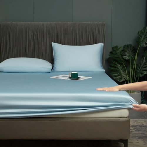Spannbettlaken 180x200 Bambus Hellblau Kühlende Atmungsaktiv und Anti-Allergisch Bettlaken 50% Bambus und Mikrofaser Spannleintuch Doppelbett Uni Leintuch für Hohe Matratze Hoher Steg bis 25-30 cm