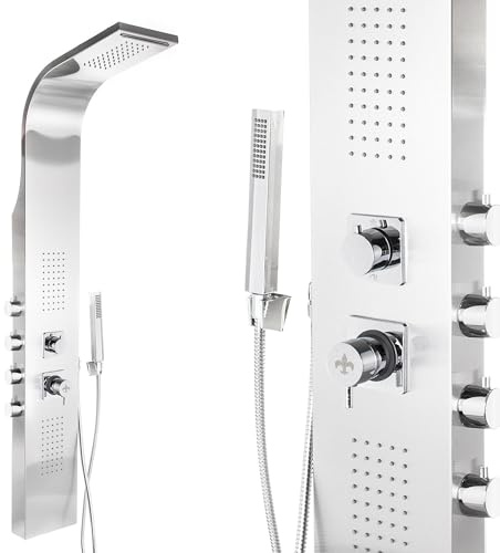 Steinkirch Edelstahl Duschpaneel SK-9304 mit Thermostat Duscharmatur Regendusche Duschstange mit Duschkopfhalterung Regenduschkopf Dusche mit Körperdüsen Handbrause
