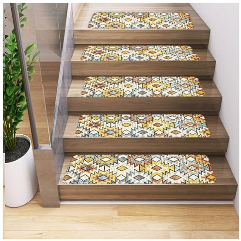 Weiche zottelige Teppiche Treppenstufen Matten Tep For Holzstufen, farbenfrohe geometrische Treppenstufenmatten im Vintage-Boho-Stil, rutschfeste Treppenläufer, Stufenmatten for den Innenbereich, Trep