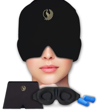 Migän mask, kylmask, kylmössa, set, sovmask, öronproppar, kylhuva, gel, surround, kylkuddar för att lindra migrän, huvudvärk, tryck, huvudmask för svullna ögon, stressminskning, svart