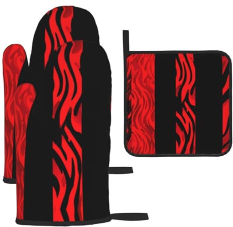 Oven Mitts and Pot Holders 3 pcs Set Heat Resistant Oven Glove Red Leopard and Zebra Animal Potholders Oven Gloves for Cooking Non-Slip Silicone Oven Mittens Hot Pad for Baking BBQ