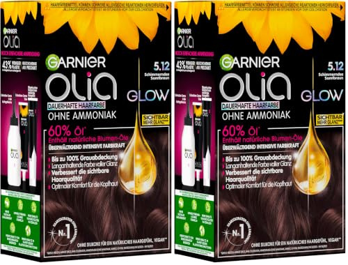 Garnier Dauerhafte Haarfarbe ohne Ammoniak mit pflegenden, natürlichen Ölen, Vollständige Grauhaarabdeckung, Olia Permanente Coloration, 5.12 Schimmerndes Samtbraun, 1 Stück (Packung mit 2)
