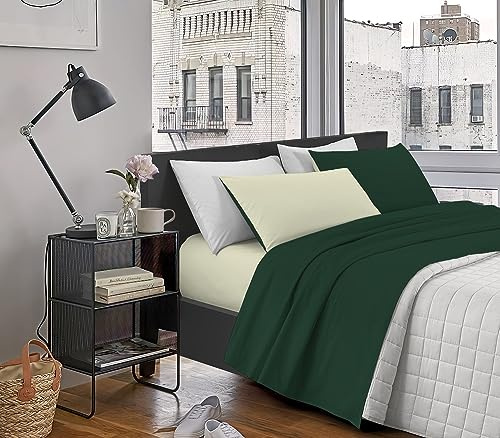 IlGruppone Completo Letto in Morbido Cotone di Flanella Antipilling Lenzuolo sopra sotto Federe Bicolore - Verdone-Panna - Matrimoniale