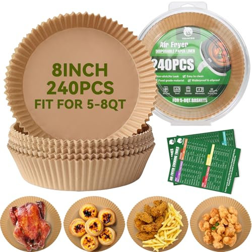 OAMCEG 240 Stück Airfryer Backpapier für Heißluftfritteuse 4.7-7.5L Rundes Backpapier 20–24cm Einweg Zubehör aus Pergamentpapier - mit Rezepten für Familienküche, Backen, Frittieren Garen