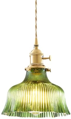 ZTTECH Vintage Pendelleuchte aus Wellenmuster-Glas mit E27 Messingfassung, Höhenverstellbar, Für Küche, Esszimmer und Bar (Grün)