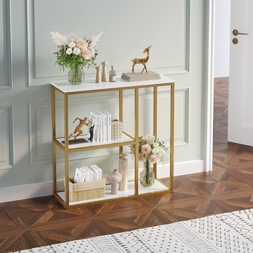 WOHOMO Konsolbord, små entrébord med förvaringshyllor 30 cm smala soffbord modernt hallbord för vardagsrum 80 cm x 30 cm x 31,5 tum vitt och guld