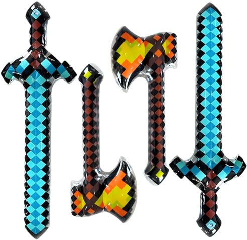 Stocking Fillers Kids, Inflatable Swords Toys Blow up Sword Pixel Diamond Pirate Party Favors, Christmas Secret Santa Gift Halloween Carnival Cosplay Birthday (2 Axes + 2 Swords )