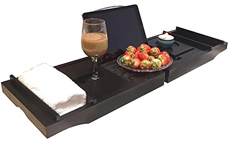 Vassoio per vasca da bagno in bambù estensibile con fondo antiscivolo, supporto per vetro, grande stoccaggio, scaffale da lettura, supporto per vino, organizer per accessori spa, bambù/acciaio