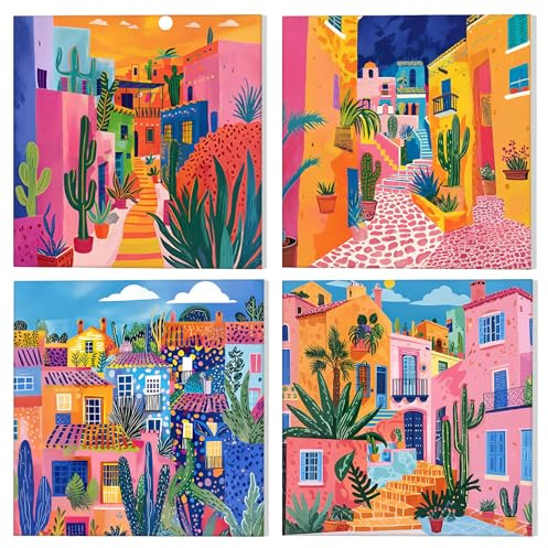 NAIMOER 4 Pack Casas coloridas Pintura por Números con Marco Adultos Niños, Paisaje Turístico Pintura por Números Sobre Lienzo con Marco de Madera,Pintura Arte Regalos 20x20cm
