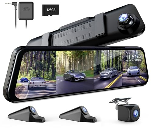 360 Grad 4 Kanal Spiegel Dash Cam freistehende Kamera für Autos, Vorder- und Rückseite (Links, rechts), 12'' FHD1080Px4, Nachtsicht, GPS, Parkplatz Monitor, kostenlose 128GB Karte