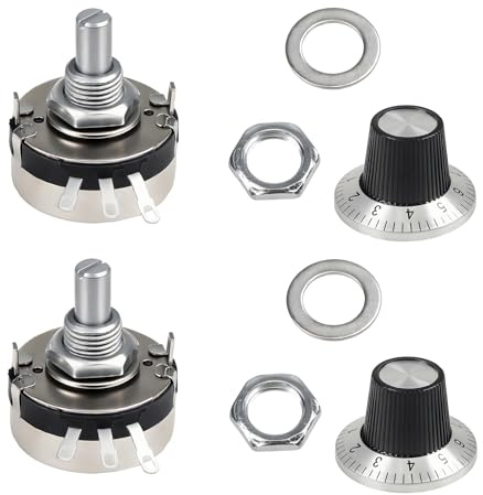 2Pcs 10K Potentiometer WTH118-2W 10000 Ohm Single Turn Carbon Film Rotary Taper Potentiometer for Inverter Speed Regulation wtih 2pcs A03 Knob and 2pcs Dials