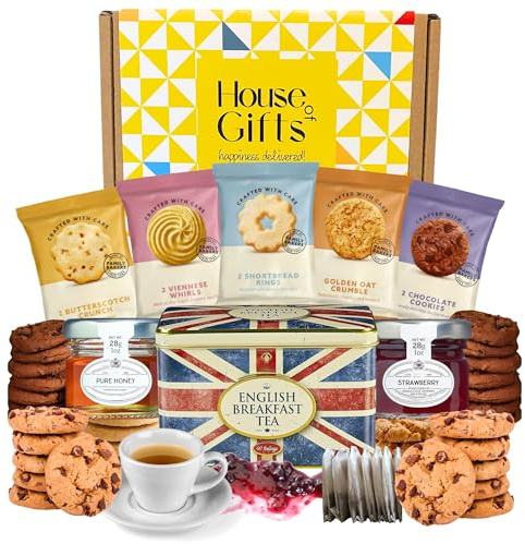 Afternoon Tea & Biscuit Hamper Gift Set with Strawberry Jam, Pure Honey & Biscuits – British Hampers for Women, Men or Grandparents – Biscuit Gift Box for Sharing, Birthdays, or Thank You