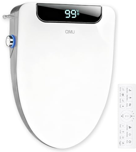 QMU Heated Bidet Toilet Seat Elongated with LED Display & Remote Control - Smart Soft Close Toilet Seat Electric Bidet with Dryer, Warm Water, Feminine Wash, Self-Cleaning Nozzle, IPX4, White