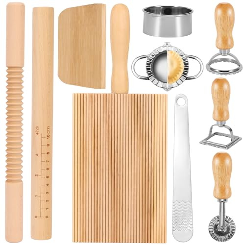 10 PCS Pasta Making Tools, Pasta Maker with Ravioli Stamp Cutters Kit | Includes ravioli stamp cutters, gnocchi board, rolling pin and mould for pasta, dumplings, lasagna and pierogi