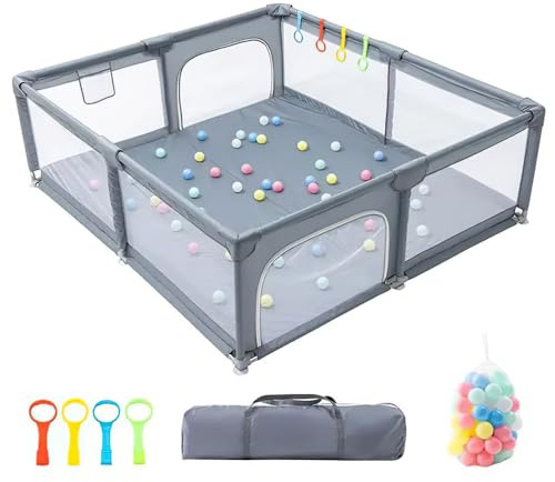 Laufstall Baby, Großer Laufgitter Baby XXL 160 * 200 cm, Laufstall mit atmungsaktivem Netz, Reißverschlusstür, Zugring und Kugel, Schaumstoffschutz, Rutschfester