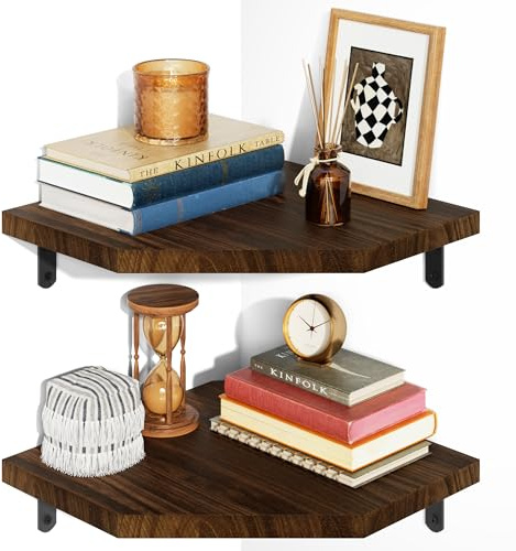 Alsonerbay Set of 2 Corner Shelves Wall Mount, Solid Pine Wood Floating Corner Shelves with Wire Hole, Adjustable Hexagon Wall Shelves for Bedroom Living Room Kitchen, Burnt Black