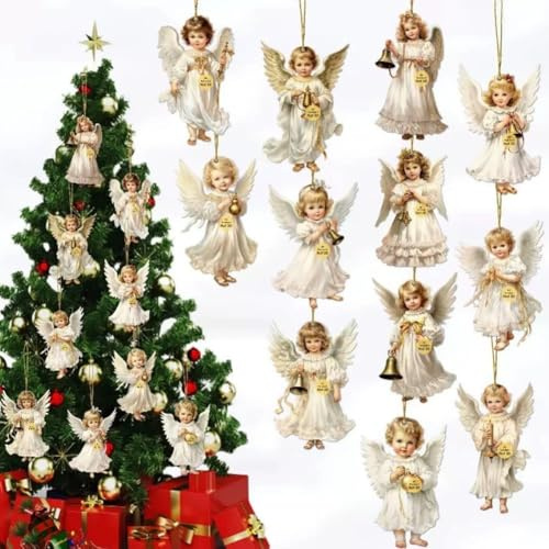 12 ornamenti in legno a forma di angelo per albero di Natale, decorazioni vintage bianche per albero di Natale, rustiche con ganci in corda, decorazioni da appendere per ghirlande, regali e