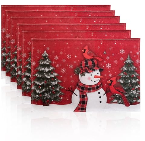 6er Set Leinen Weihnachten Platzset 30x45cm Tischset Weihnachten Abwaschbar | Urlaub Rot Platzdeckchen Weihnachts aus Leinen mit Schneemann Kiefern für Küche Esstisch Party Dekorationen