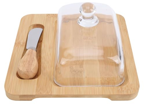 Asixxsix Mantequera de Madera de Vidrio, Recipiente Grande para Mantequilla con Cuchillo de Acero Inoxidable y Tapa Transparente para Servir Postre de Pastel, Apto para Lavavajillas (Wood Color)