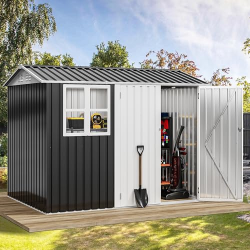 DWVO 8' x 6' Outdoor Storage Shed, Waterproof Metal Garden Shed with Windows, Lockable Doors, and Sloped Roof for Patio, Backyard, Lawn, Tool Storage, Bike Shed, Pet Shelter (Gray + White)