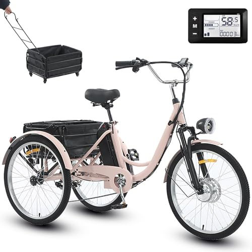 ZHZWwansuGE 24-Zoll Elektro Dreirad Für Erwachsene, Mit 36V 13AH Akku (35 Km Reichweite), 7-Gang Schaltung | 3 Fahrmodi | 150 Kg Tragfähigkeit, Scheibenbremsen Vorne Und Hinten Pink