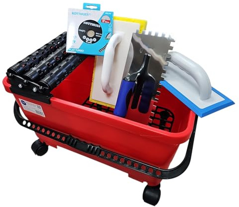 Tile Wash Bucket Set 2 24 Litre 3-Compartment Roller Attachment with Grout Board, Sponge Board, Diamond Disc and Stainless Steel Trowel 10 mm