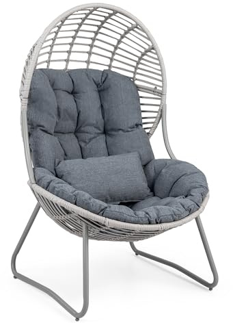 GIANTEX Rattan-Ei-Sessel mit Metallrahmen bis 150 kg | Gartensessel in Korbform mit abnehmbaren Sitz-, Rücken- & Zusatzkissen für Balkon & Garten