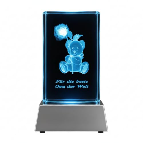 Kaltner Präsente Stimmungslicht – Ein ganz besonderes Geschenk: LED Kerze/Kristall Glasblock / 3D-Laser-Gravur/Teddy Rose/Für die beste Oma der Welt/Regenbogen Farben Beleuchtung