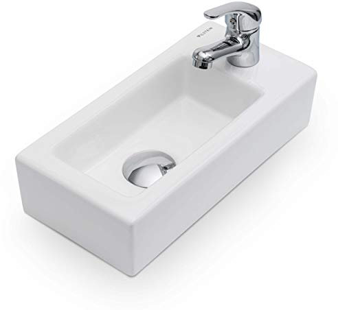 VILSTEIN® Hänge - und Aufsatzwaschbecken Klein [36,5x18x9CM] - Kleines Waschbecken Gäste WC - Mini Handwaschbecken - Waschbecken Badezimmer & Gäste WC - Aufsatzwaschbecken Bad Schmal & Eckig