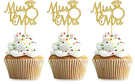 Unimall Global 24 Stück Mr & Mrs Cupcake Topper Diamantring Picks Hochzeitsdekoration Hochzeitstorten Dekoration Kuchenstecker Kuchendekoration Brautpaar Jubiläum Party Cake Zubehör, Gold